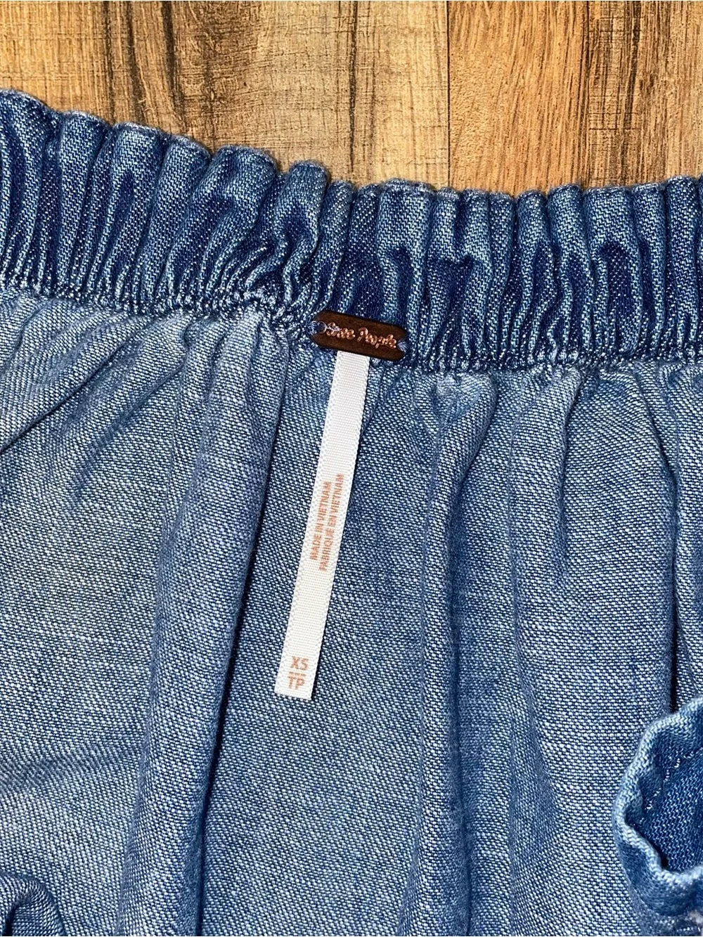 Free People Ruffle Denim Short Sleeve Blouse